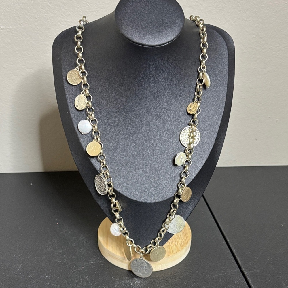 Chicoβs Long Coin Silver Gold Tone Dangle Chain Necklace